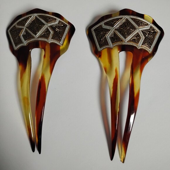 ❤️Rare Vintage 2 Piece Retro Celluloid Tortoise Hair Pins/Combs Hair Accessories